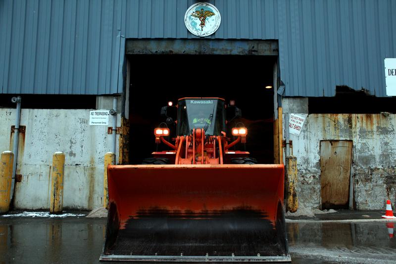 A Department of Sanitation depot full of salt and snow plows on the West Side Highway.