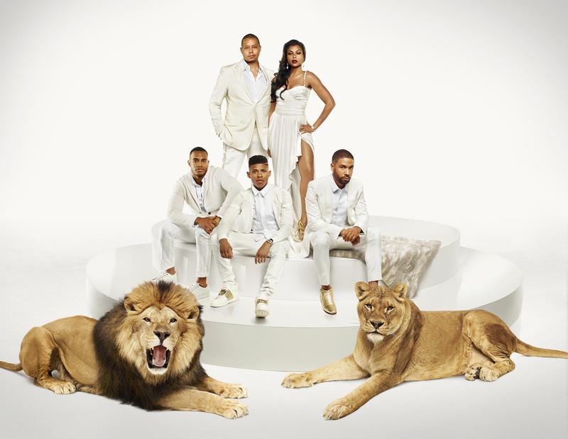 L-R: (Bottom Row) Trai Byers as Andre Lyon, Bryshere Gray as Hakeem Lyon and Jussie Smollett as Jamal Lyon (Top Row) Terrence Howard as Lucious Lyon and Taraji P. Henson as Cookie Lyon in Empire.