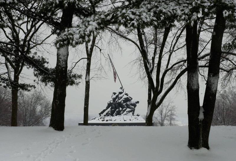 The Iwo Jima Memorial, stands covered with snow, 27 January 2004, in Arlington, Virginia.