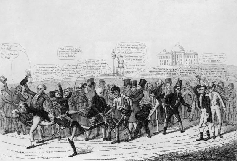 The three candidates in the 1824 US presidential election take part in a foot race toward the White House. A cartoon by David Claypoole Johnson, engraved by Crackfardi.