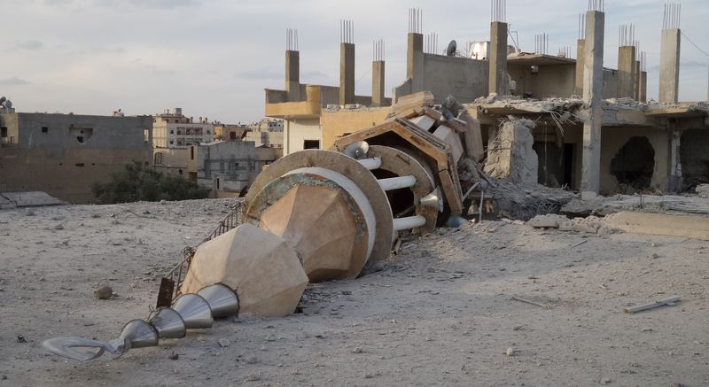 A fallen minaret on the ISIL-held northern Syrian city of Raqqa.