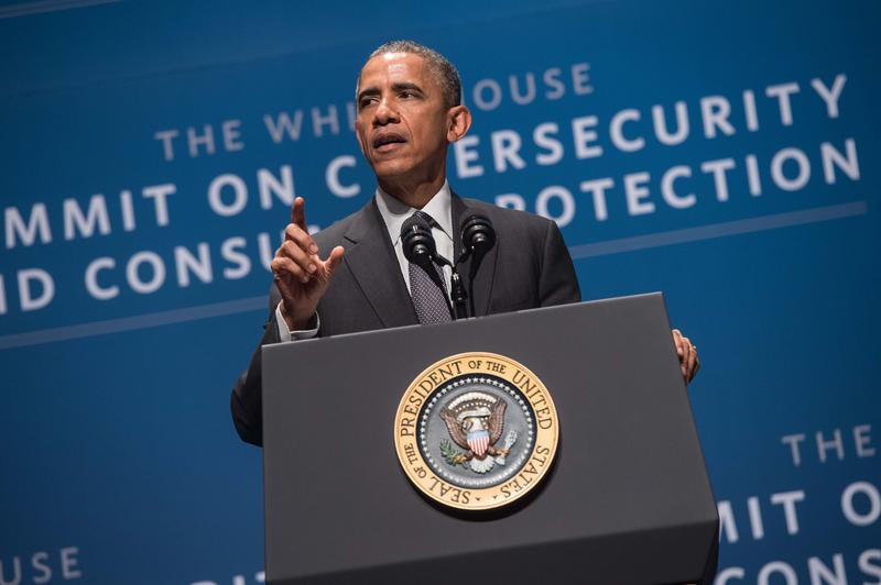U.S/ President Barack Obama speaks at the White House Summit on Cybersecurity and Consumer Protection at Stanford University in Palo Alto on February 13, 2015.