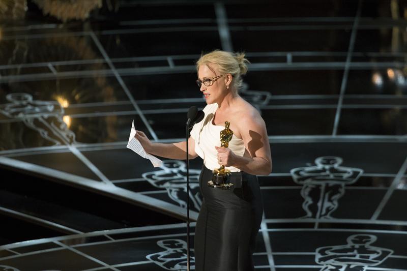 Actress Patricia Arquette gives an acceptance speech during the 87th annual Academy Awards held on Sunday, February 22, 2015.