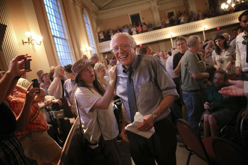 Democratic presidential candidate and U.S. Sen. Bernie Sanders (I-VT) finishes greeting supporters following a packed town meeting at the South Church May 27, 2015 in Portsmouth, New Hampshire.