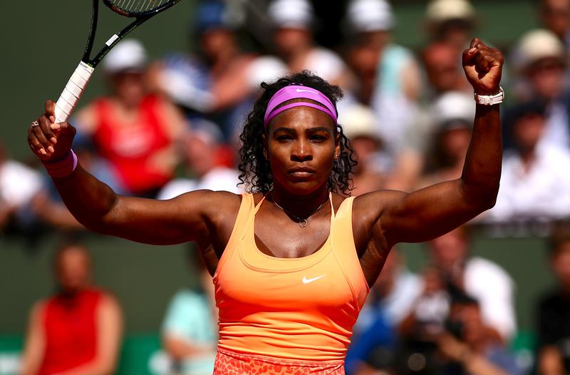 PARIS, FRANCE - JUNE 06: Serena Williams of the United States celebrates a point during the Women's Singles Final against Lucie Safarova of Czech Republic on day fourteen of the 2015 French Open.