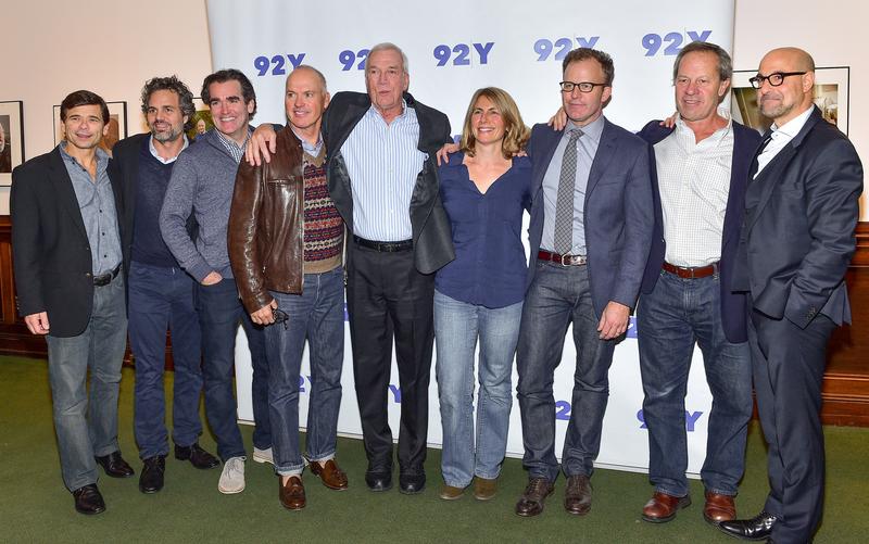 Actors Mark Ruffalo, Michael Keaton, and Stanley Tucci pose with the subjects they portray in the film Spotlight.
