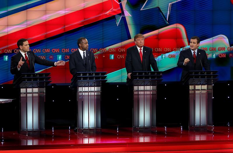 LAS VEGAS, NV—DECEMBER 15: Republican presidential candidates (L-R) Sen. Marco Rubio (R-FL), Ben Carson, Donald Trump and Sen. Ted Cruz (R-TX), on stage during the CNN republican presidential debate.