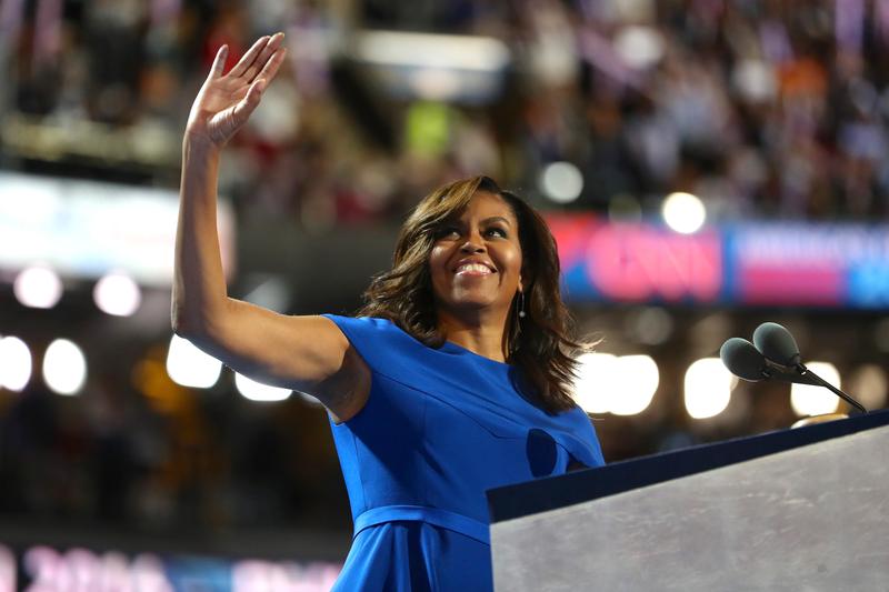 First Lady Michelle Obama acknowledges the crowd after delivering remarks on the first day of the Democratic National Convention at the Wells Fargo Center, July 25, 2016 in Philadelphia, Pennsylvania.