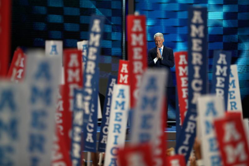 Former US President Bill Clinton arrives on stage to deliver remarks on the second day of the Democratic National Convention at the Wells Fargo Center, July 26, 2016.