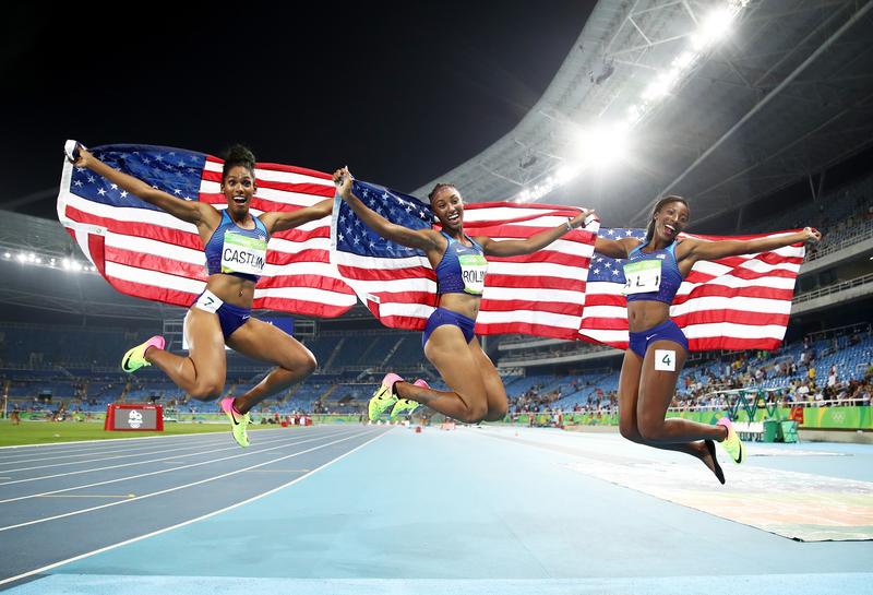 RIO DE JANEIRO, BRAZIL - AUGUST 17: (L-R) Bronze medalist Kristi Castlin, gold medalist Brianna Rollins and silver medalist Nia Ali of the United States after the Women's 100m Hurdles Final.