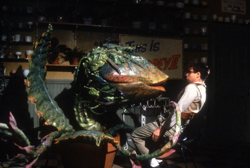 Audrey II (voice: Levi Stubbs) and Rick Moranis in "Little Shop of Horrors" (1986). Directed by Frank Oz.