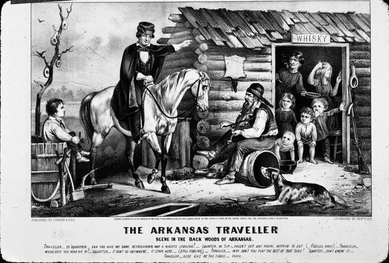 A traveler in the backwoods of Arkansas seeks accommodation and directions from a squatter and his family, but finds them less than helpful. Original Artwork: Printed by Currier & Ives, circa 1870.