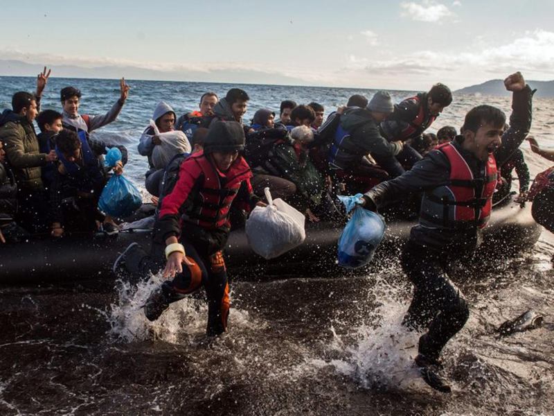 Refugees arriving on the Greek island of Lesbos