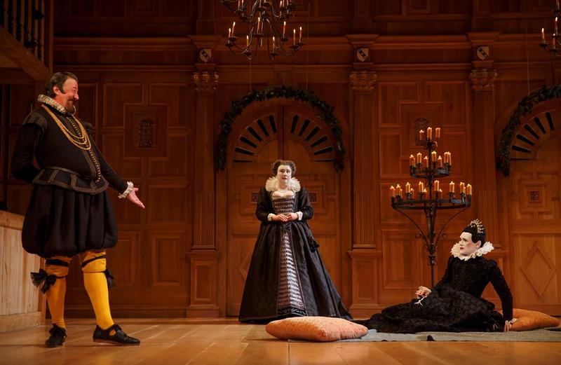 Stephen Fry as Malvolio, Paul Chahidi as Maria, Mark Rylance as Olivia in teh Shakepeare's Globe production of Twelfth Night, directed by Tim Carroll, playing at teh Belasco Theatre.
