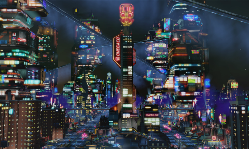 A still from <i>SimCity: Cities of Tomorrow</i> featuring OmegaCorp, a dystopic megacorporation in the game.