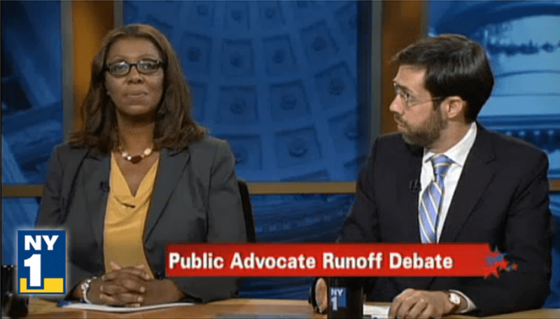 Leticia James and Daniel Squadron during the Campaign Finance Board's Democratic Public Advocate runoff debate.