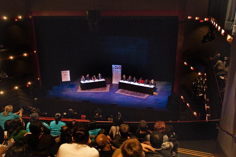 The crowd and panel at a community forum on education in Newark, New Jersey, moderated by WNYC's Brian Lehrer.