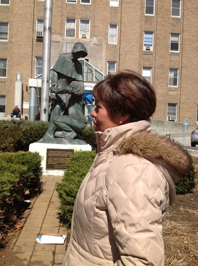 Ana Vega in front of Bayley Seton in Staten Island. The hospital is being used as a disaster shelter. 69 people remain there.