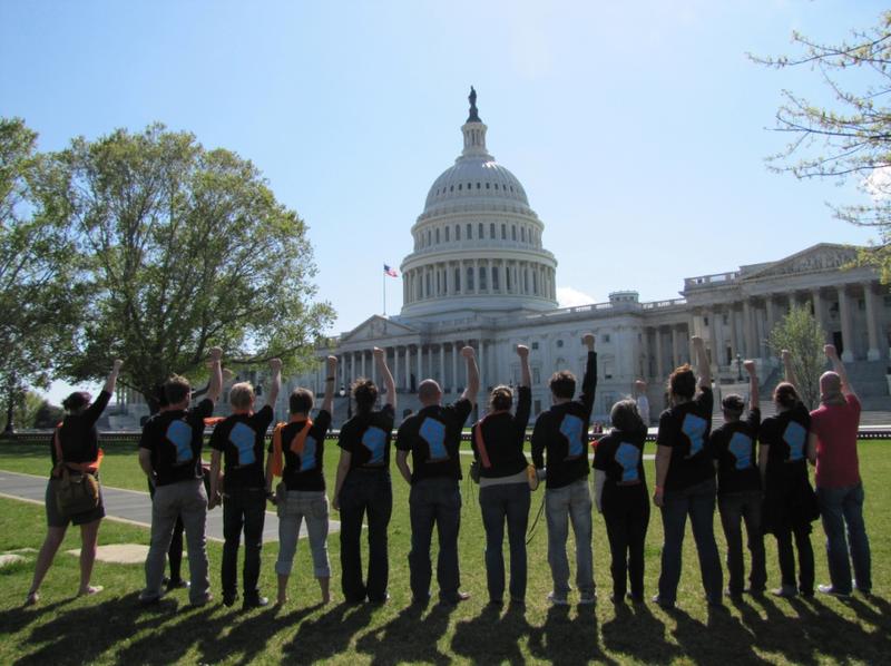 Tim DeChristopher and members of Peaceful Uprising, the grassroots, nonviolent environmental action group he founded, protest in Washington DC. From "Bidder 70," directed by Beth and George Gage