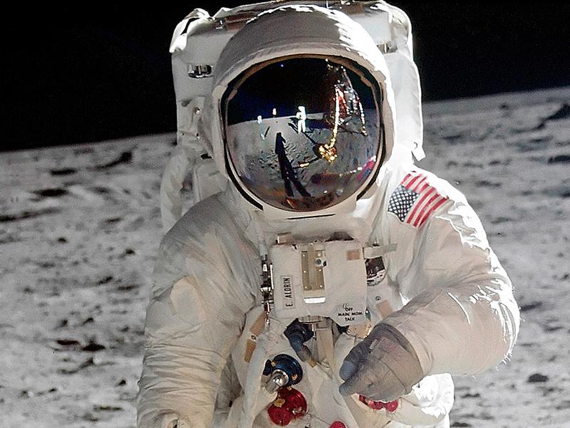 Neil Armstrong reflected in Buzz Aldrin's visor