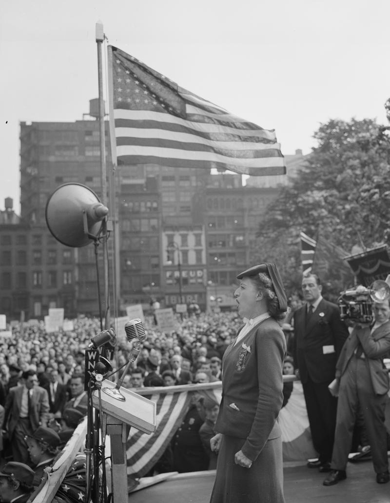 Belgian-born soprano Lily Djanel sings La Marseillaise, the French National Anthem to a crowd of 50,000, June 6, 1944. The D-Day rally broadcast by WNYC was presided over by Mayor La Guardia.