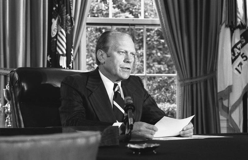 President Ford announcing his pardon of Richard Nixon from the Oval Office. September 8, 1974.