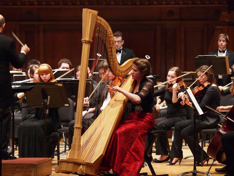 Harpist Rebekah Efthimiou during her solo performance this past spring at Oberlin's Finney Chapel.