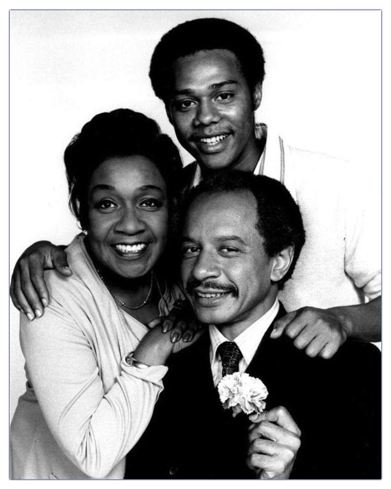 Publicity photo of American actors Isabel Sanford, Sherman Hemsley and Mike Evans promoting the upcoming January 18, 1975 premiere of the television series The Jeffersons.
