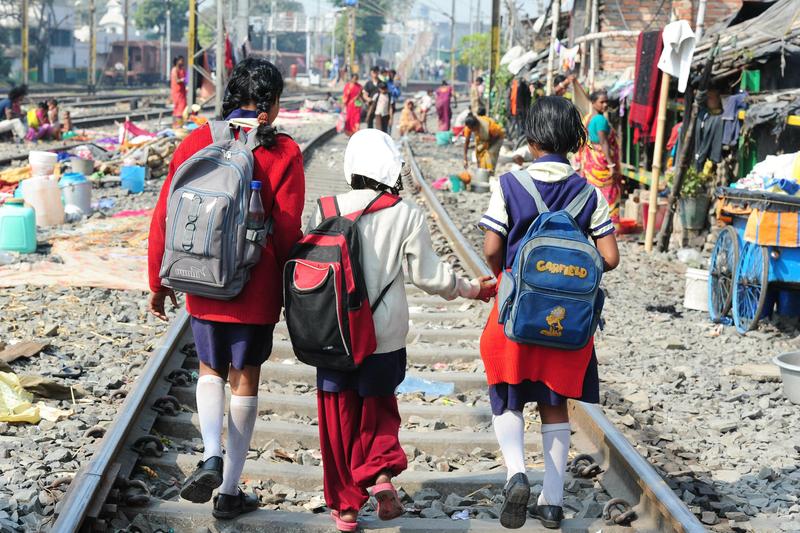 Children in Calcutta, India, walking to school