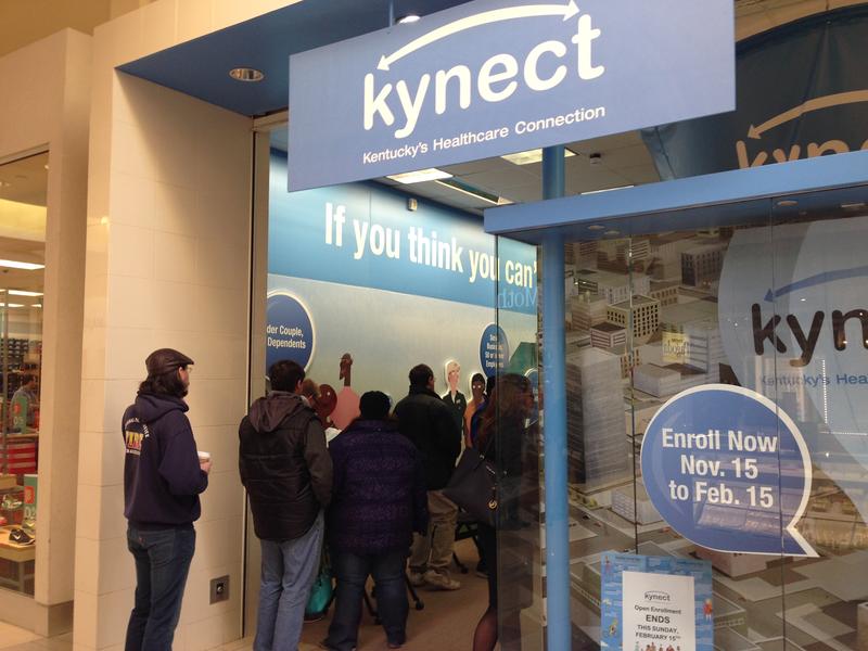 People lining up outside of the Kynect store at the Fayette Mall, Friday, Feb. 13, 2015 in Lexington, Ky., to apply for health insurance through the state exchange.
