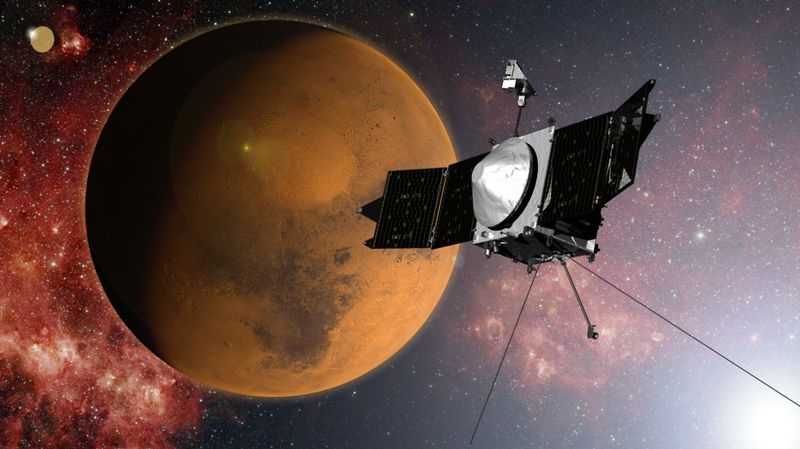 This image shows an artist concept of NASA's Mars Atmosphere and Volatile EvolutioN (MAVEN) mission. On Sept. 21, 2014, MAVEN entered orbit around Mars/