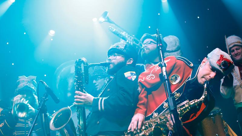 Mucca Pazza, a wild 30-piece circus of marching band nerds and weirdo hipster cheerleaders, performing at globalFEST 2013.