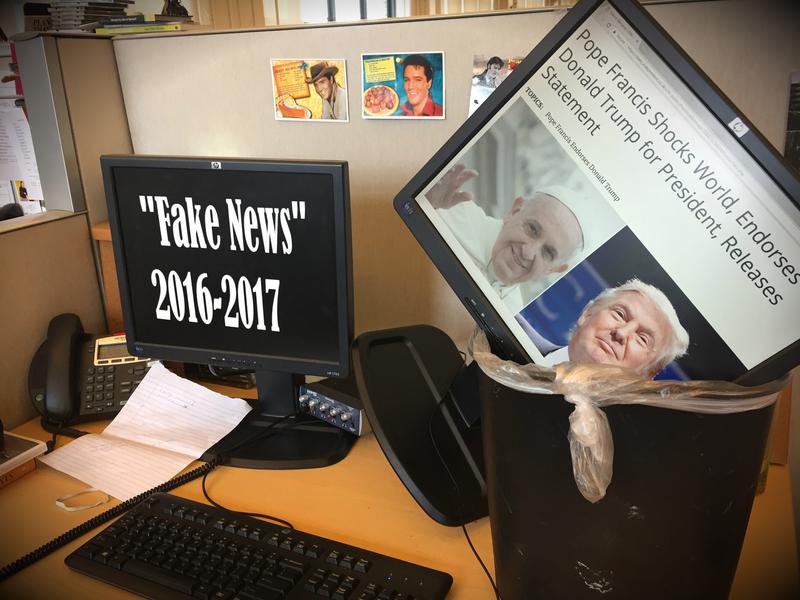 Fake news in a garbage can at On the Media HQ