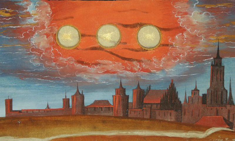 A detail from a page from the 16th century <em>Augsbuerger Wunderzeichenbuch</em> (or the Augsburch Miracles Book) depicting the sun divided into three