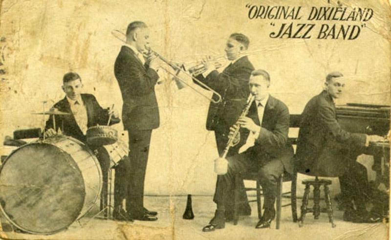 Original Dixieland Jazz Band. Scanned by Infrogmation from original 1918 promotional postcard while the band was playing at Reisenweber's Cafe in New York City.