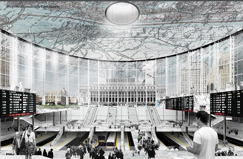 The entrance of Penn Station under the proposed plan. The Farley building is visible beyond the 8th Ave.