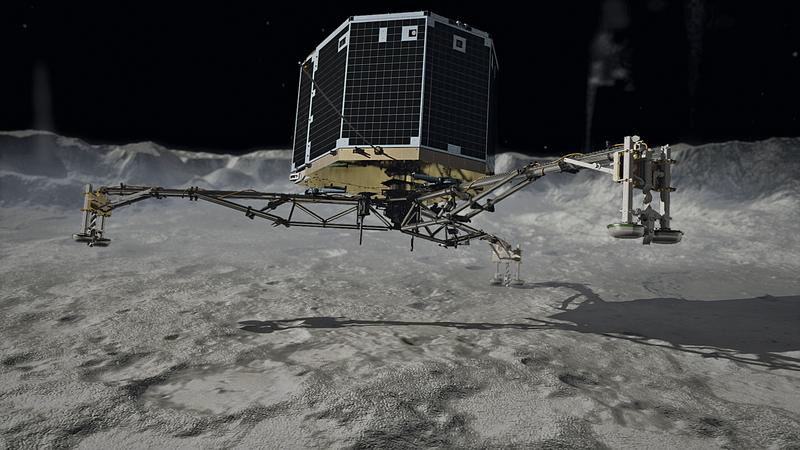 Artist depiction of Philae touching down on the comet 67P/Churyumov-Gerasimenko