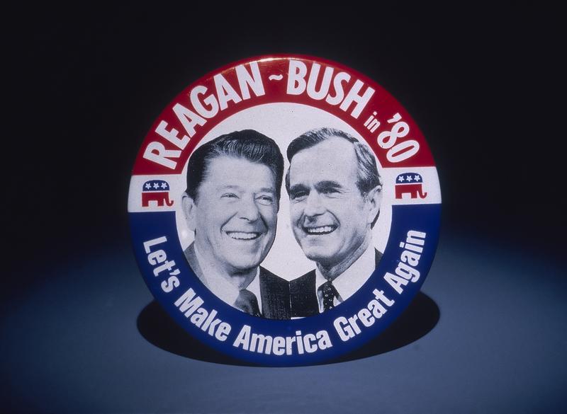 A badge for the 1980 presidential Election, featuring Ronald Reagan (1911-2004) and George Bush.