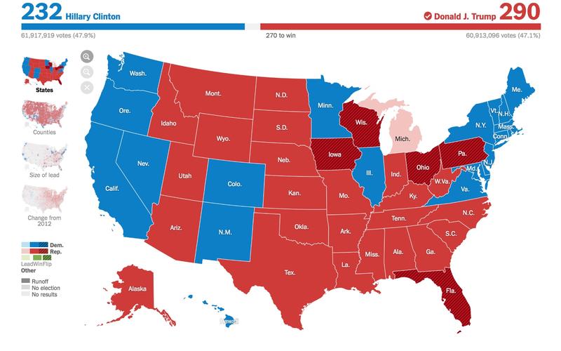 Screen grab of 2016 election results from nytimes.com