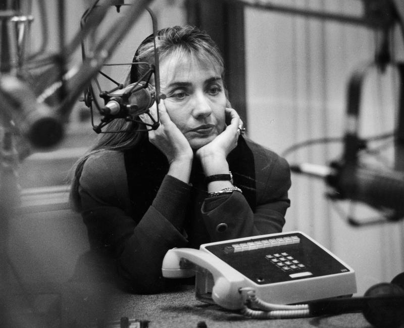 Hillary Clinton waits to start an interview at radio station WEVO-FM in Concord, N.H., on Feb. 11, 1992.