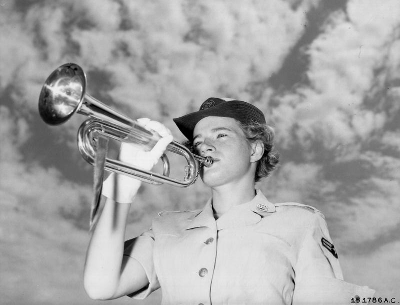 Frances E. Courtney at Francis E. Warren Air Force Base. It is believed that A/2C Courtney is the only WAF Bugler in the Air Force. 23 June 1953