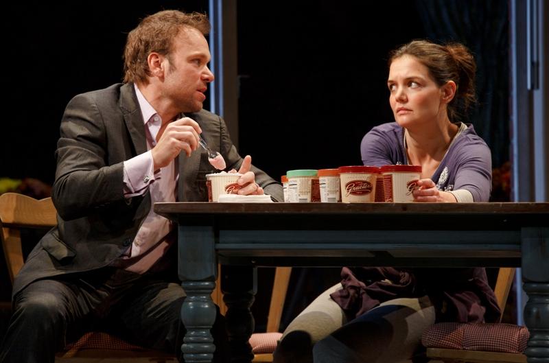 Norbert Leo Butz as Jack and Katie Holmes as Lorna in "Dead Accounts," by Theresa Rebeck, directed by Jack O'Brien. At Broadway's Music Box Theater.