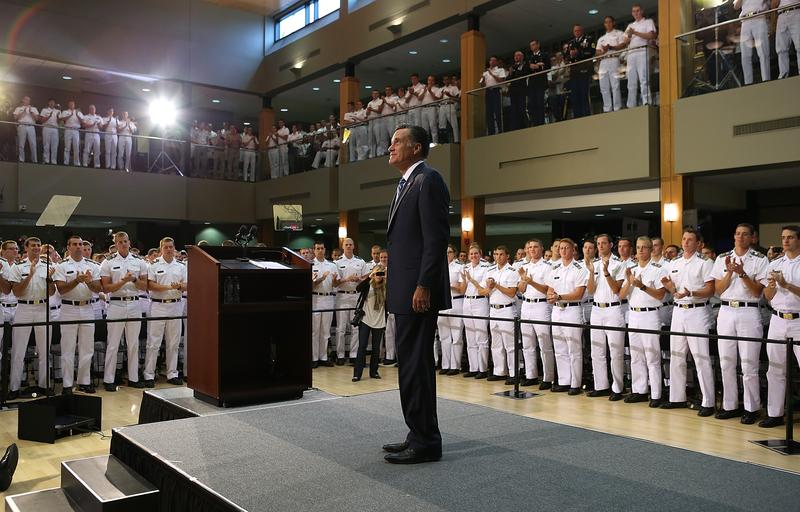Republican presidential candidate Mitt Romney prepares to deliver a foreign policy speech at the Virginia Military Institute on October 8, 2012 in Lexington, Virginia.