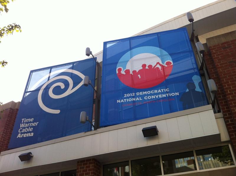 Banners outside the Time Warner Arena, where most of the Democratic National Convention events take place.