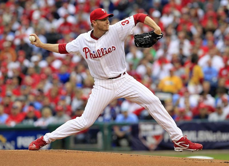 Roy Halladay #34 of the Philadelphia Phillies pitched a no-hitter in Game 1 of the NLDS against the Cincinnati Reds at Citizens Bank Park on October 6, 2010