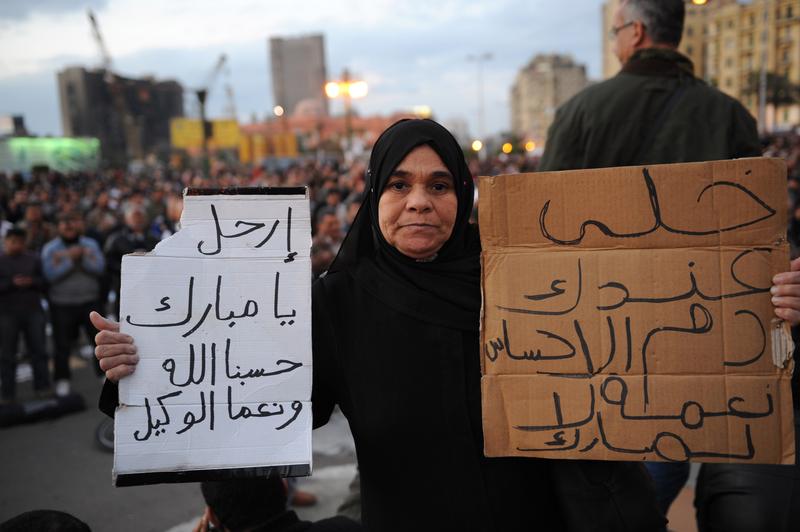 An Egyptian female demonstrator holds up a sign calling for the end of the current regime as she and others gather in Tahrir Square, in central Cairo, on January 31, 2011.