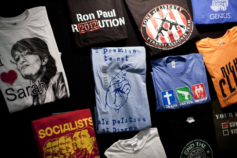A view of t-shirts for sale at an exhibition booth during the final day of the American Conservative Union's Conservative Political Action Conference (CPAC) February 12, 2011 in Washington, DC.