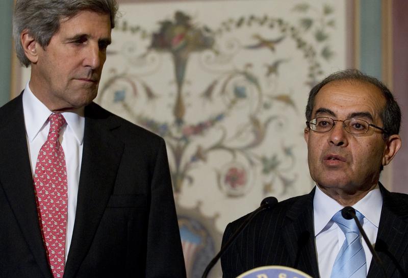 Mahmoud Gibril, Representative for Foreign Affairs of the Libyan Transitional National Council, speaks alongside US Senate Foreign Relations Committee Chairman John Kerry (D-Mass.) in Washington, D.C.