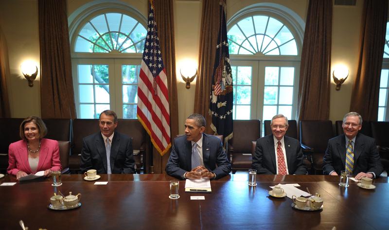 President Barack Obama takes part in a debt meeting with congressional leaders July 13, 2011 in the Cabinet Room of the White House in Washington, DC.