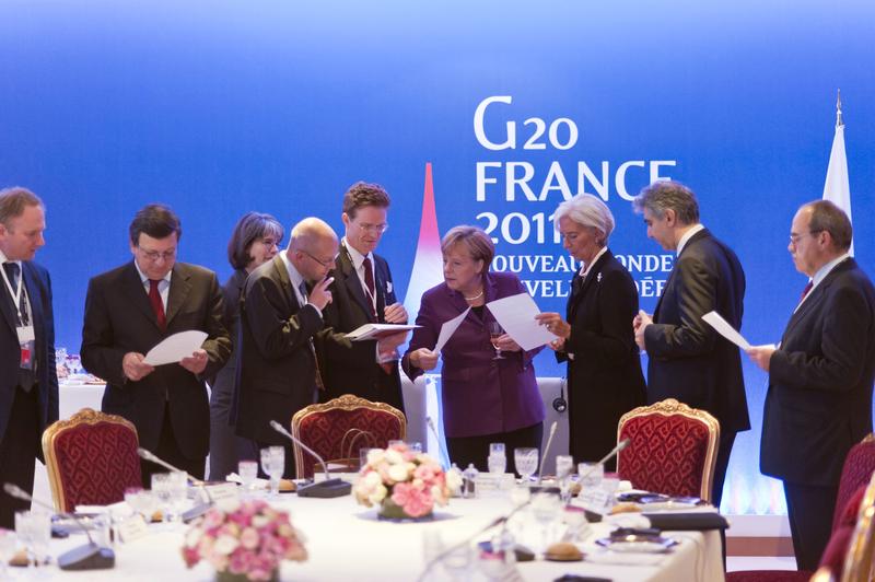 German Chancellor Angela Merkel, European Comission President Jose Manuel Barroso, and IWF Chief Christine Lagarde after a meeting with Greek Prime Minister George Papandreou over a euro zone bailout.